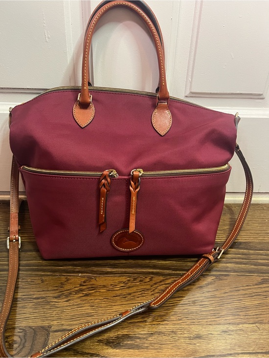Dooney & Bourke Handbags - Dooney & Bourke Burgundy Nylon Shoulder Bag with Tan Leather Trim